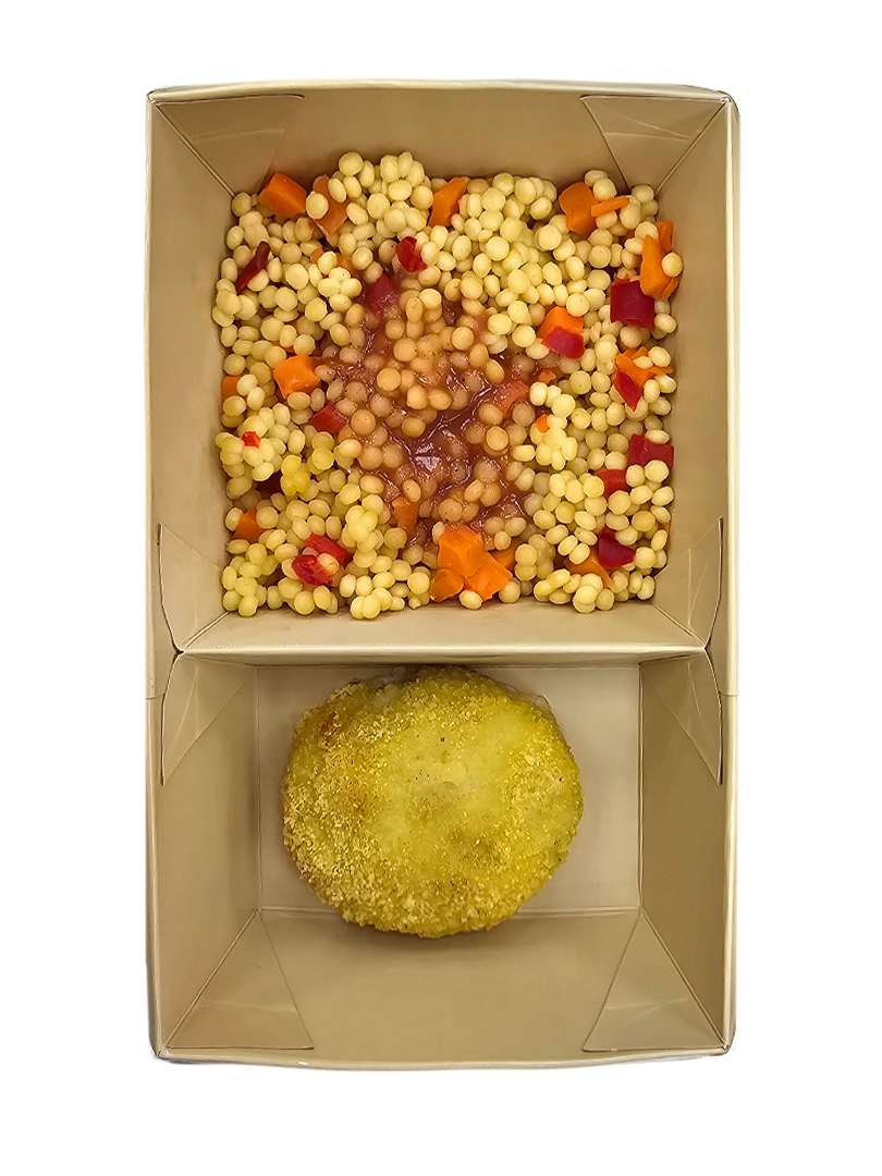 Паста птитим с овощами с котлетой из судака Паста птитим с овощами с котлетой из судака