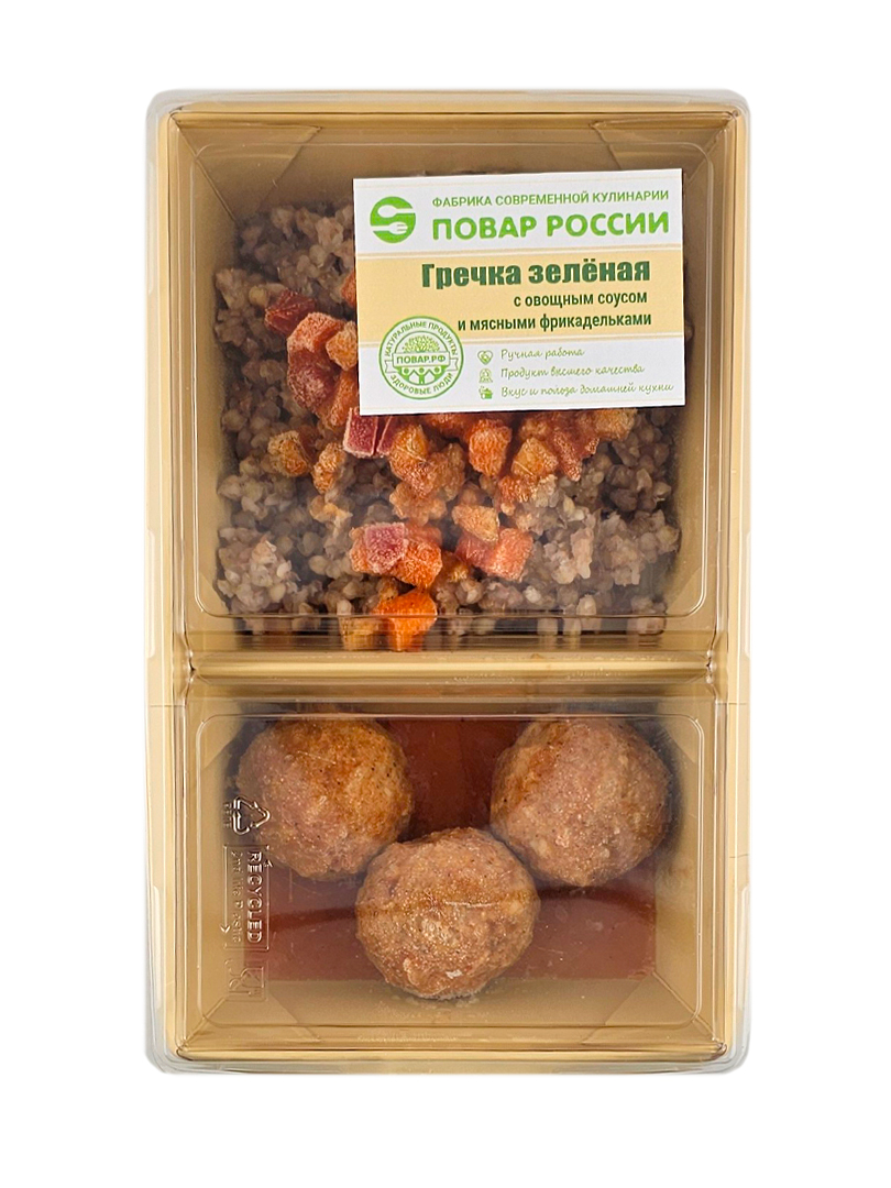 Гречка зеленая с овощным соусом и котлетой куриной в панировке